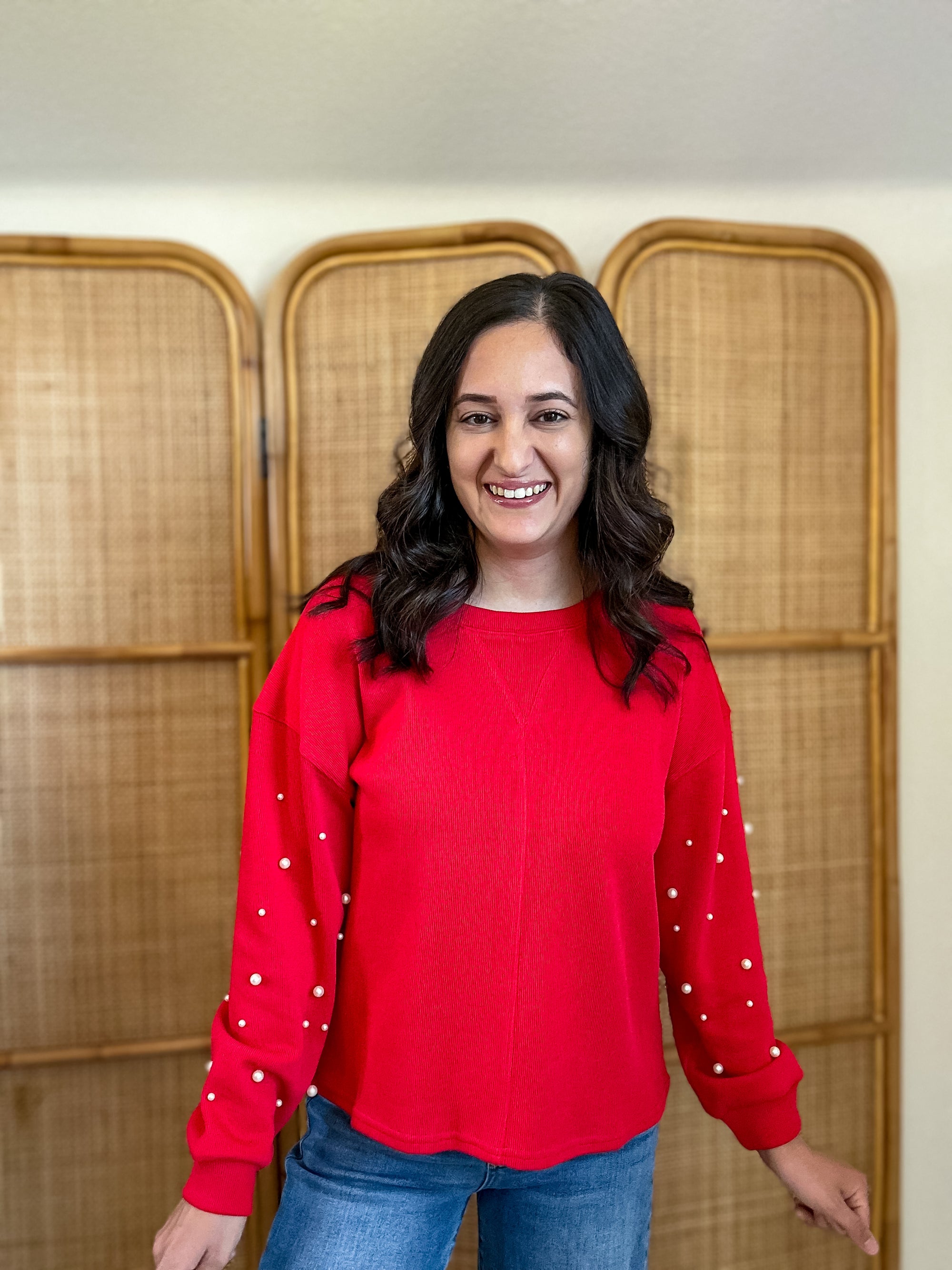 Pearls For Christmas Pullover | Red