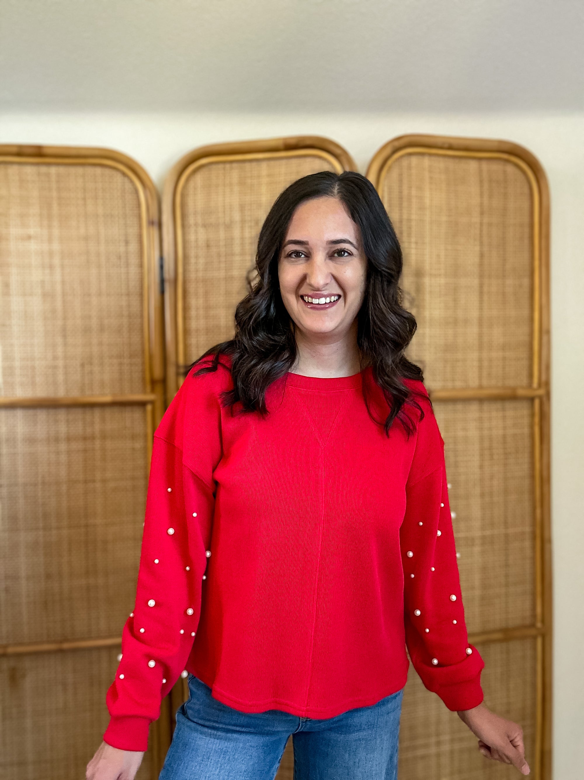 Pearls For Christmas Pullover | Red