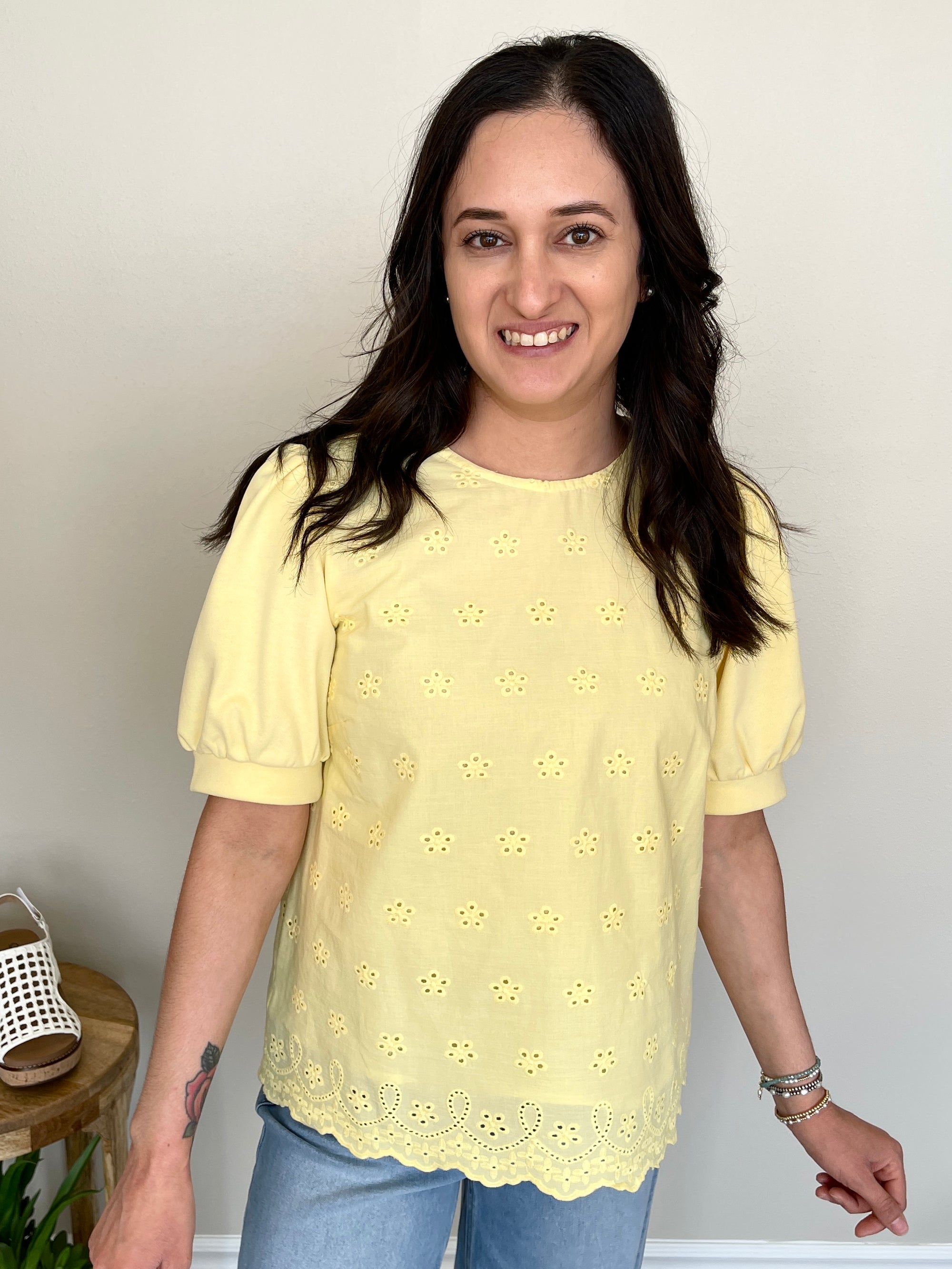 Lemon Drop Top | Yellow Embroidered Short Sleeve Top - Southern Sol