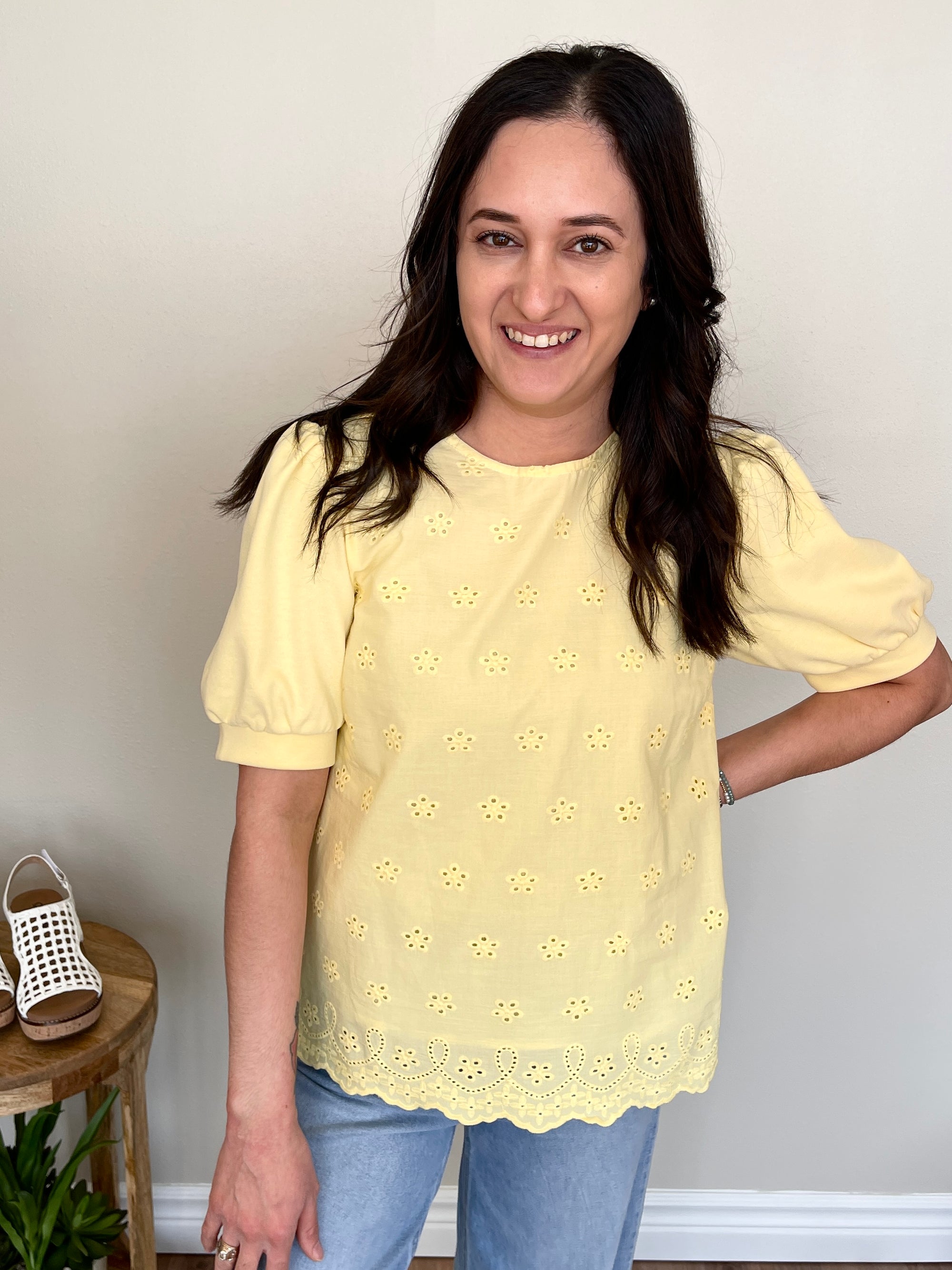 Lemon Drop Top | Yellow Embroidered Short Sleeve Top - Southern Sol