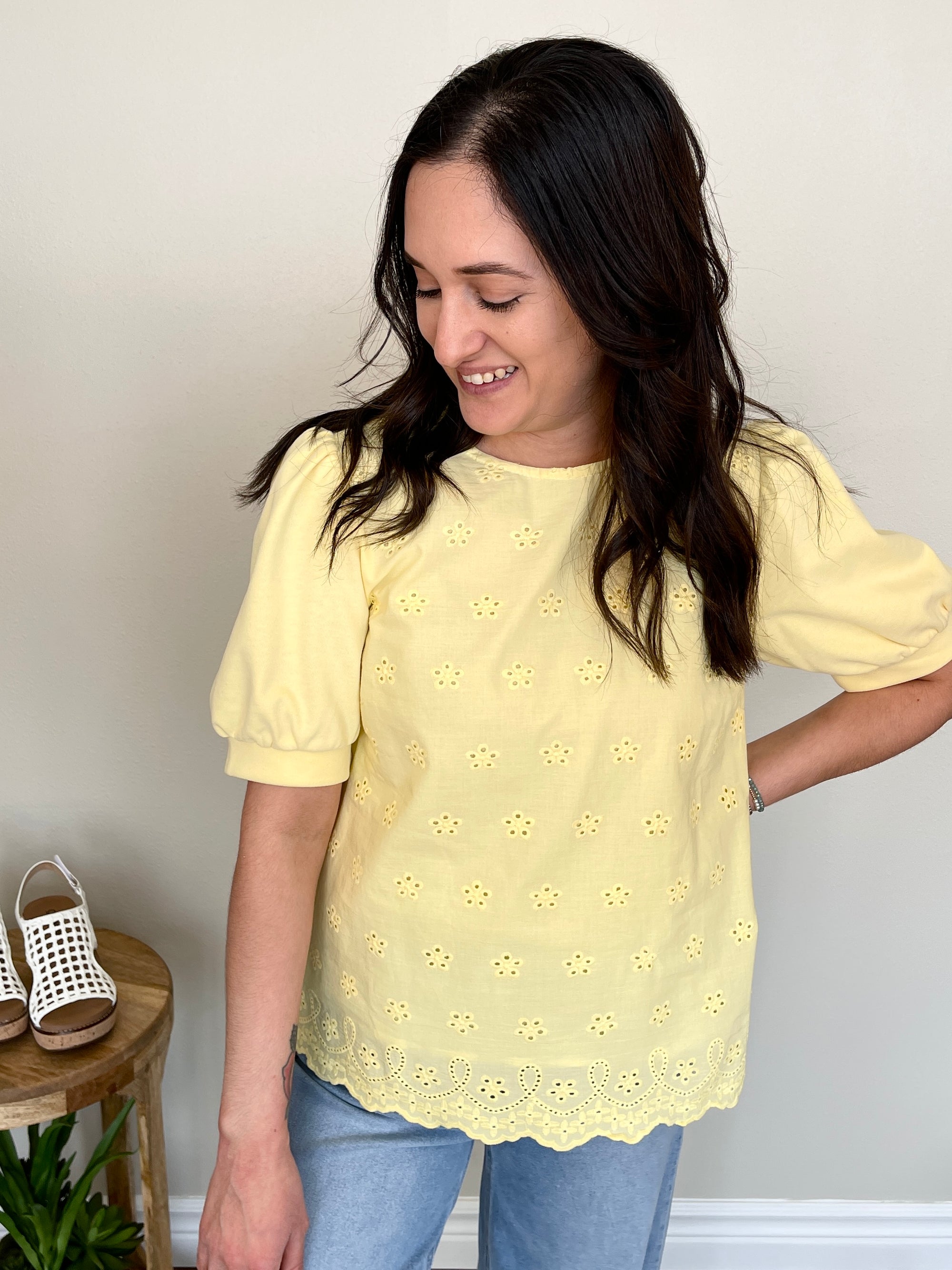 Lemon Drop Top | Yellow Embroidered Short Sleeve Top - Southern Sol