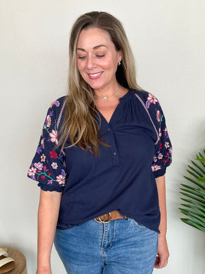 Bright Blooms Top | Navy