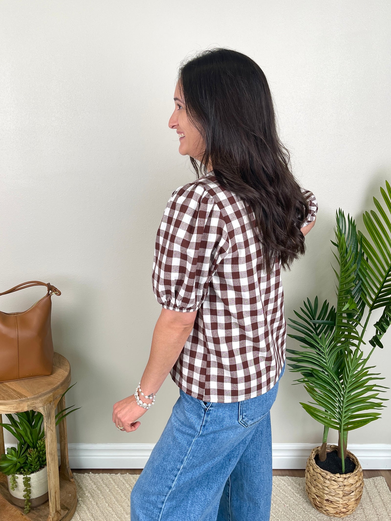 Plaid With A Small Puff Top | Brown