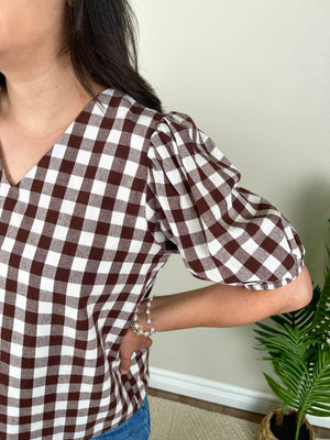 Plaid With A Small Puff Top | Brown
