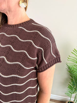 A close-up of a person wearing a short-sleeve knit top in dark brown with wavy cream stripes, photographed indoors against a light wall with a plant at the side.
