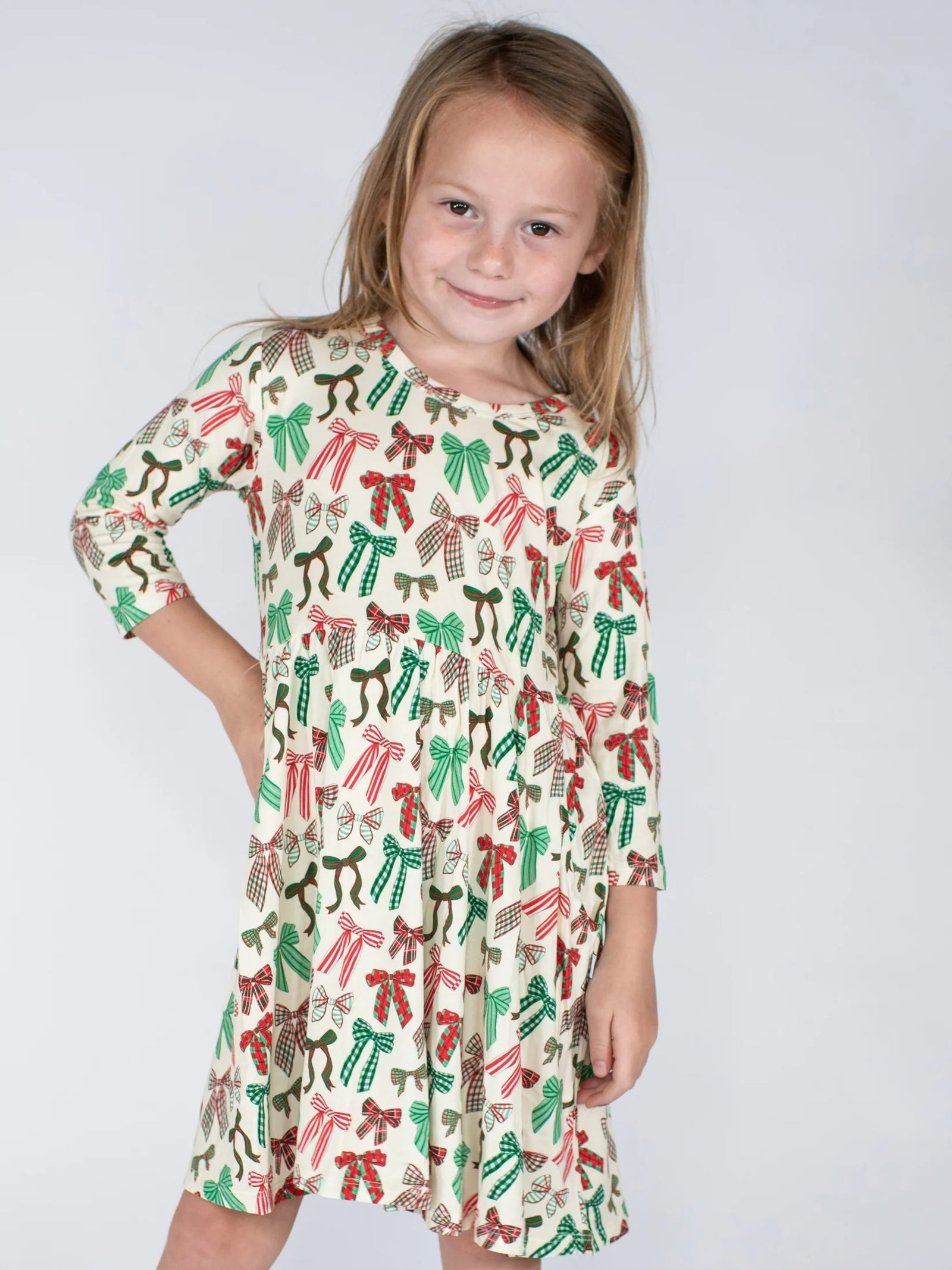Goosies 3/4 Sleeve Pocket Dress - Holiday Bows
