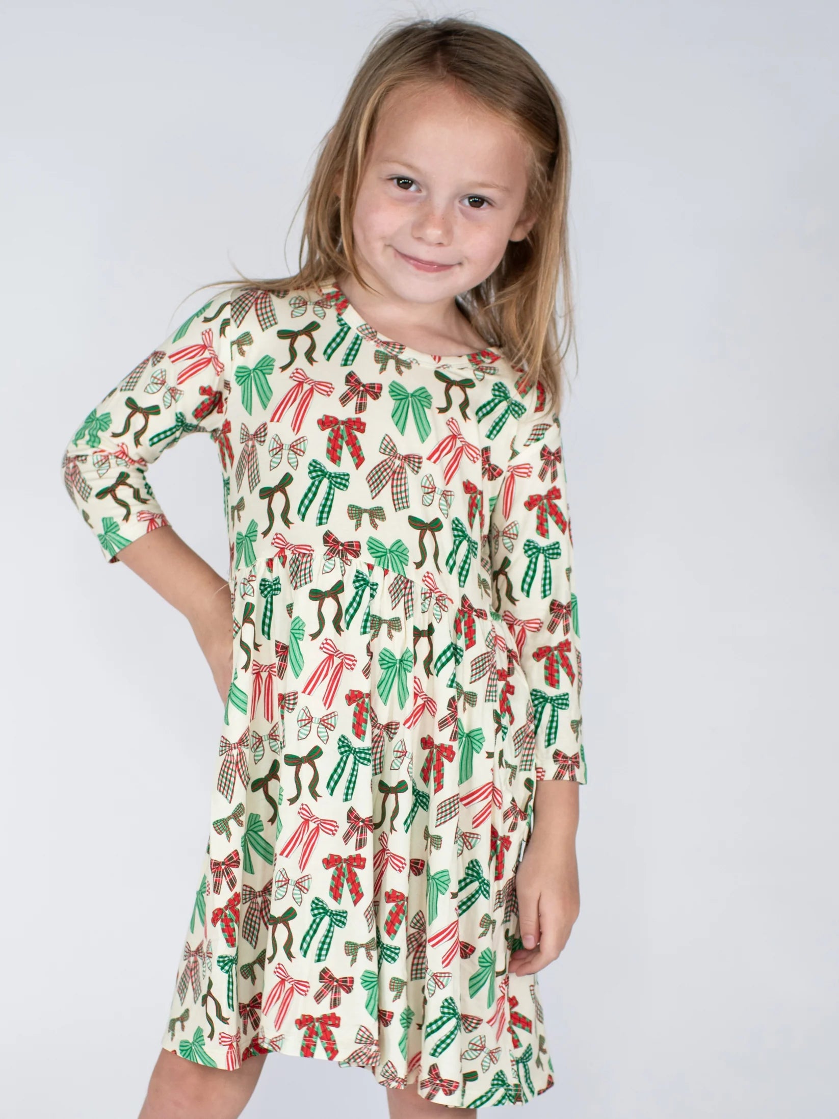 Goosies 3/4 Sleeve Pocket Dress - Holiday Bows