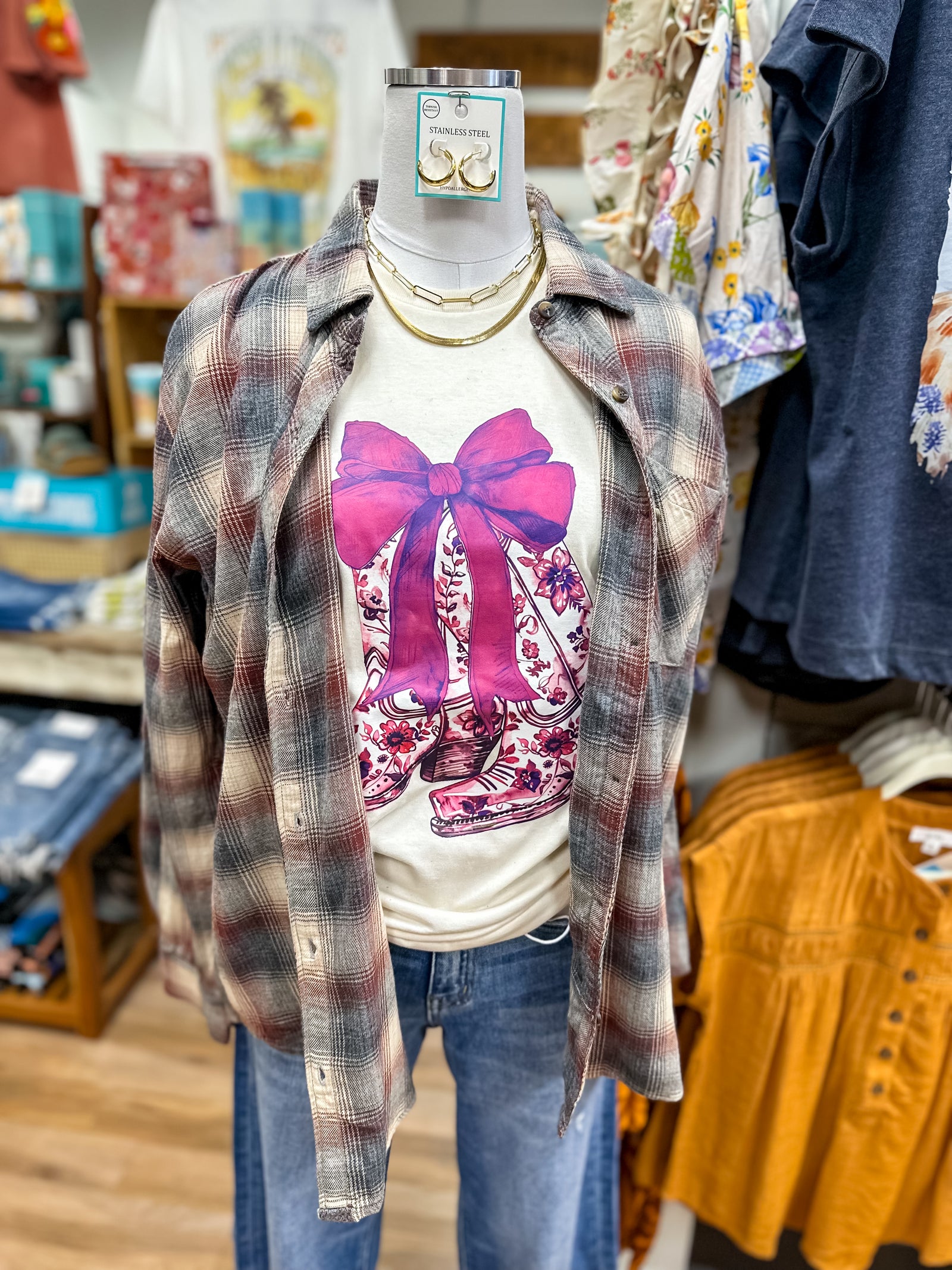 Maroon Floral Boots & Bow Tee