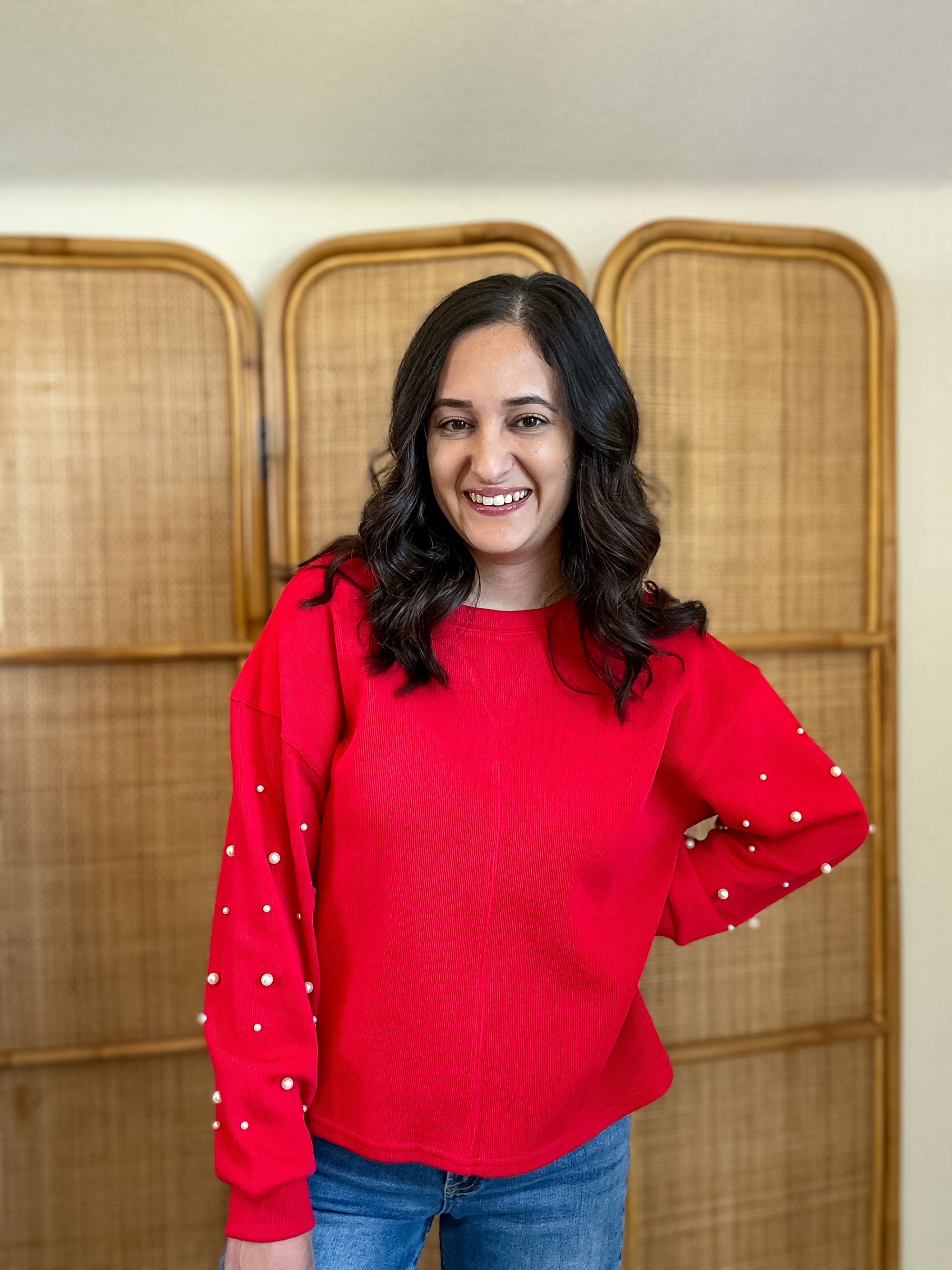 Pearls For Christmas Pullover | Red