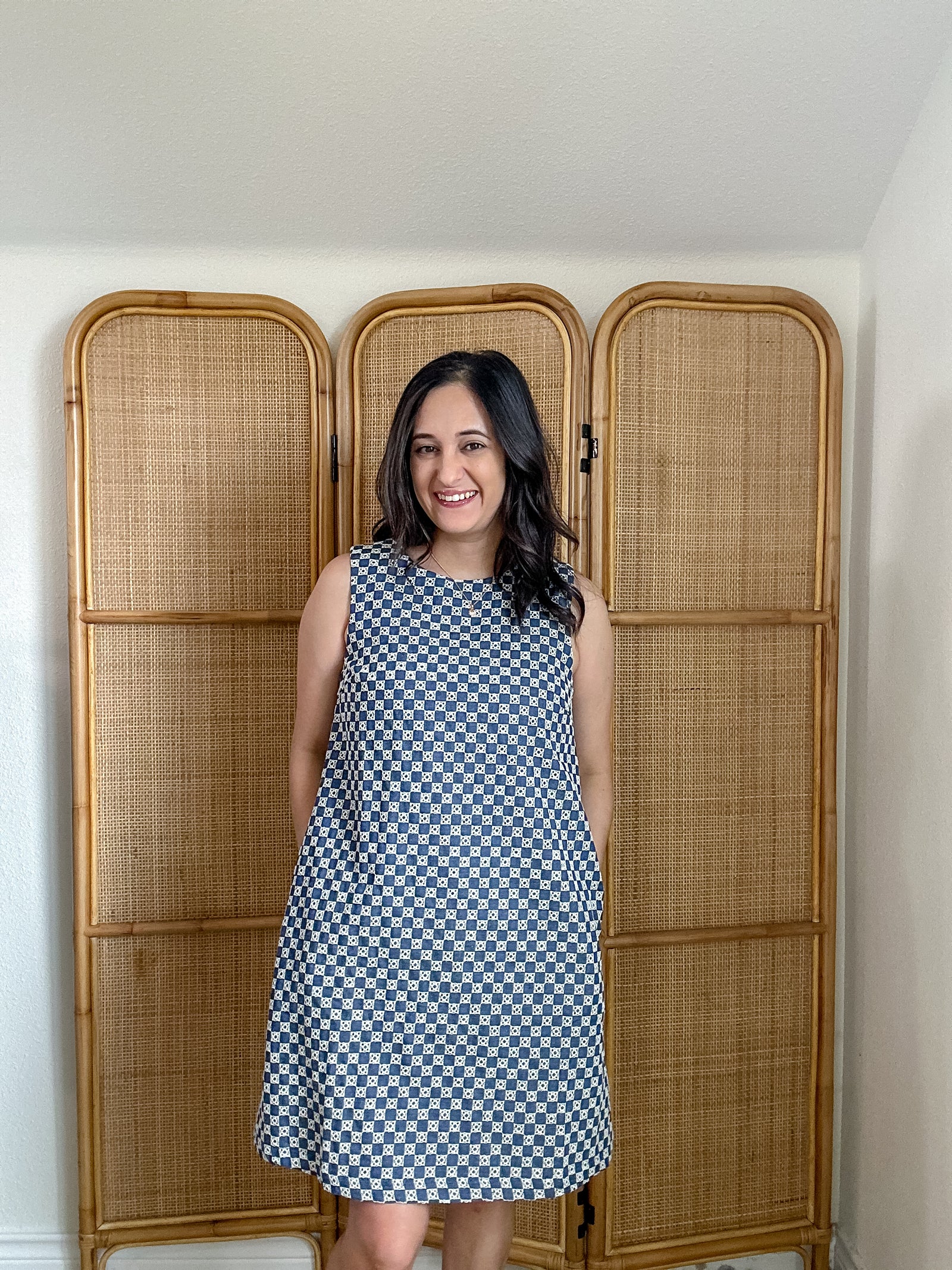 Eyelet Checkered Denim Dress