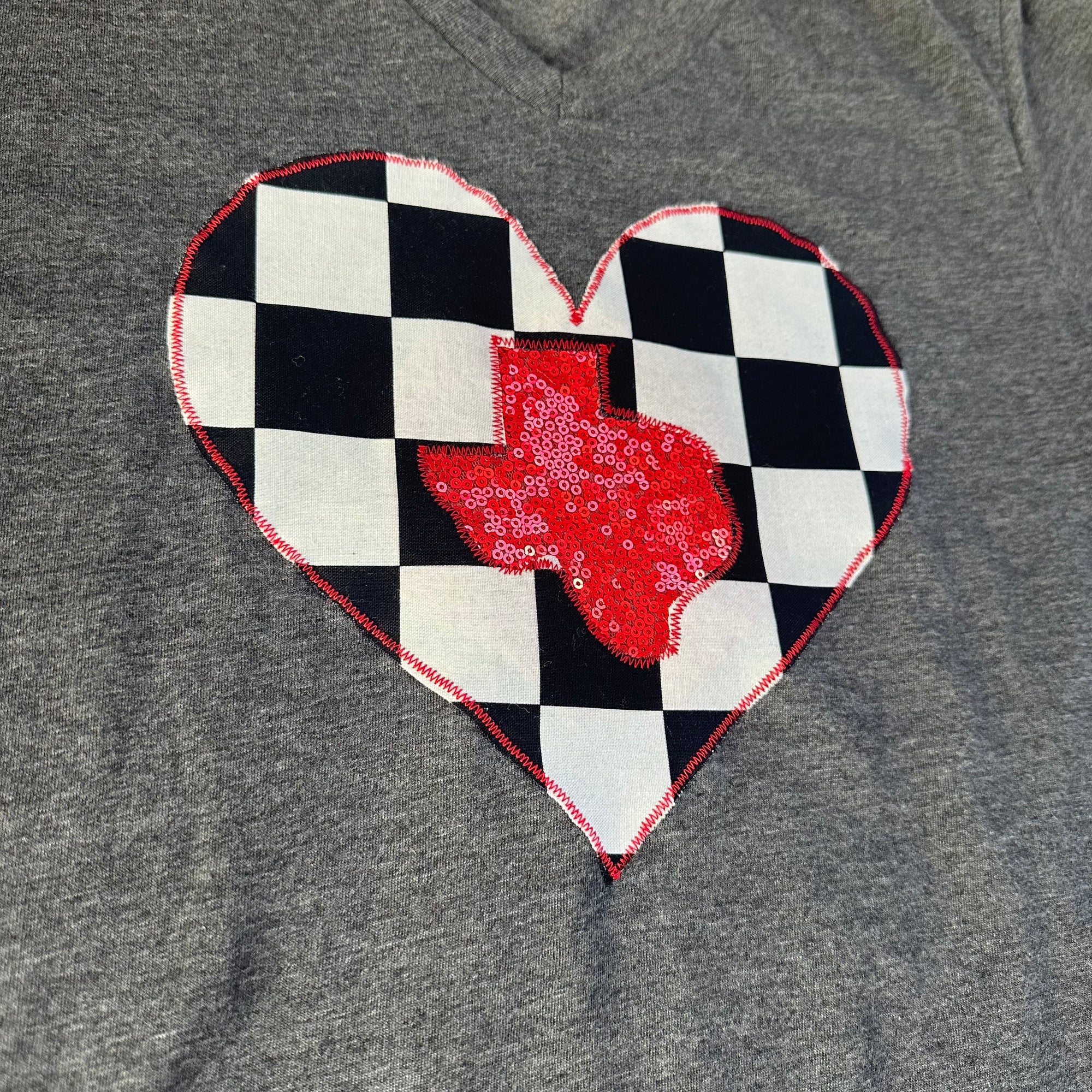 Handmade Checkered Heart w/ Texas Red Sequin Tee