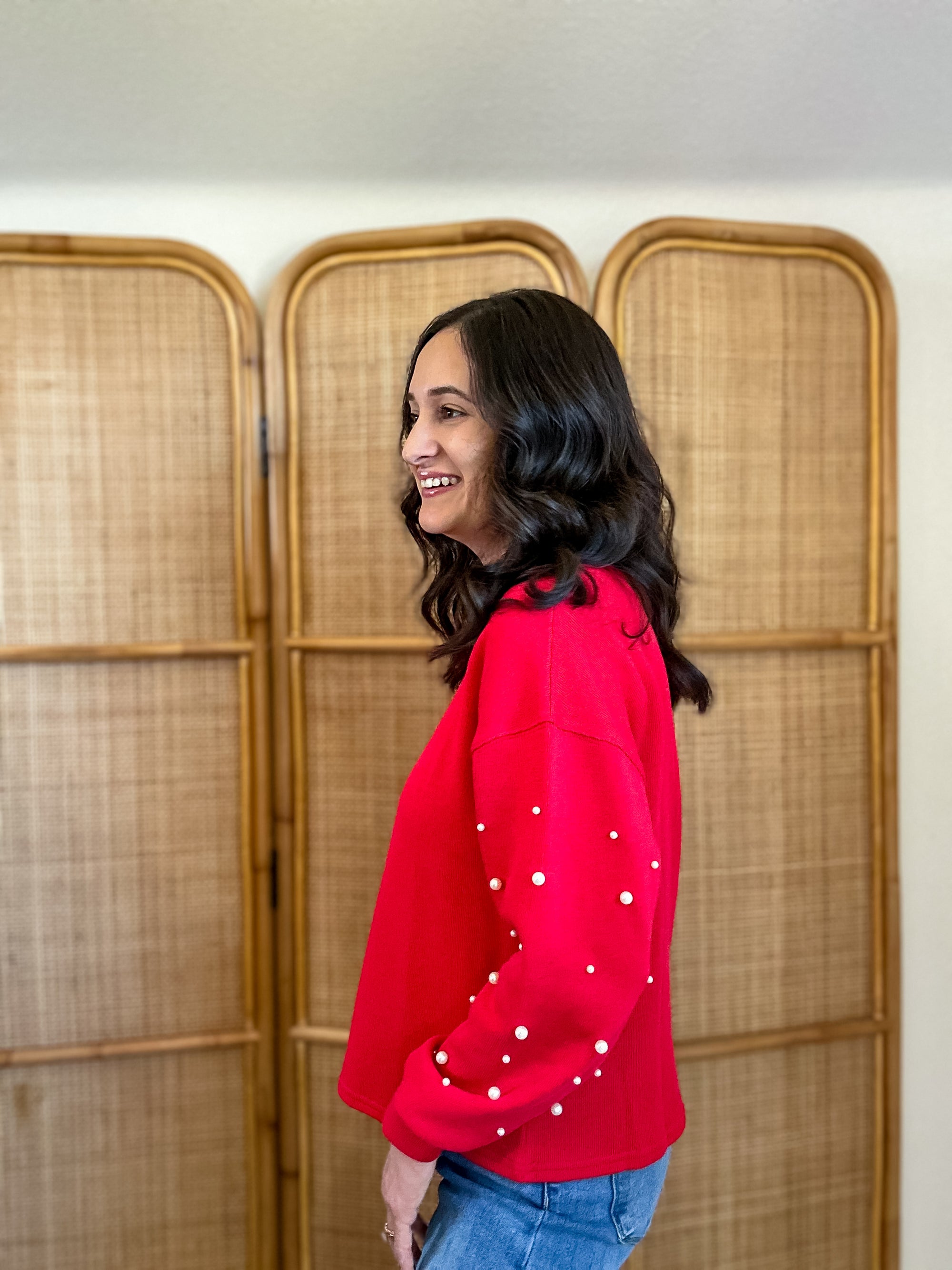 Pearls For Christmas Pullover | Red