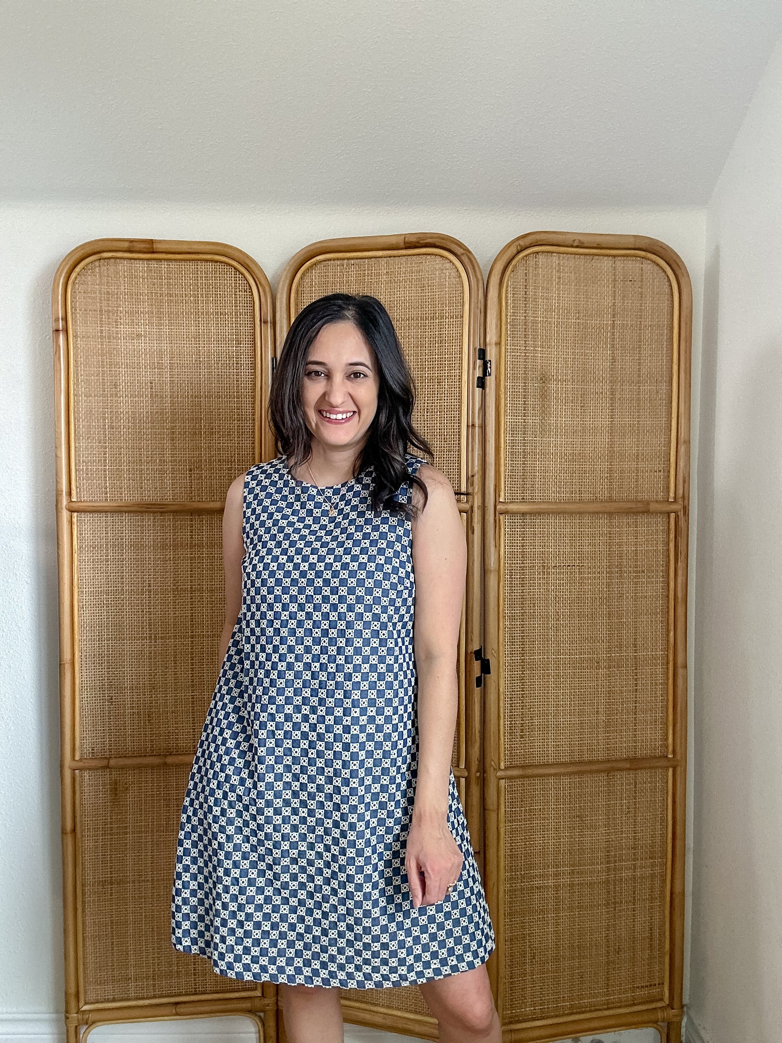 Eyelet Checkered Denim Dress