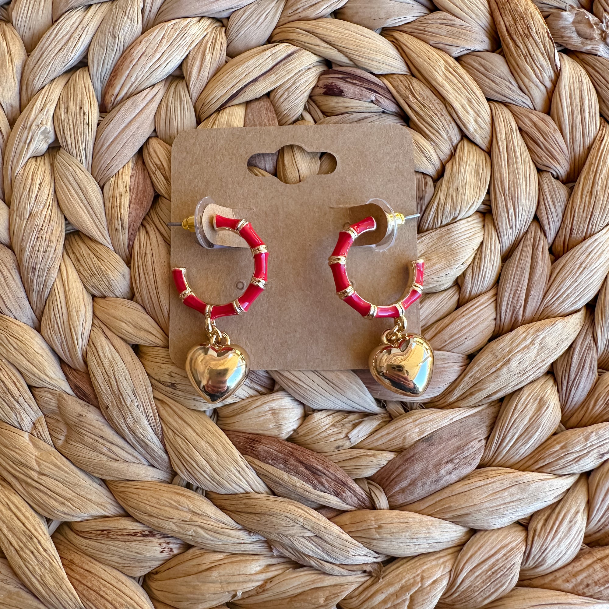 Heart Charm Hoop Earrings | Red