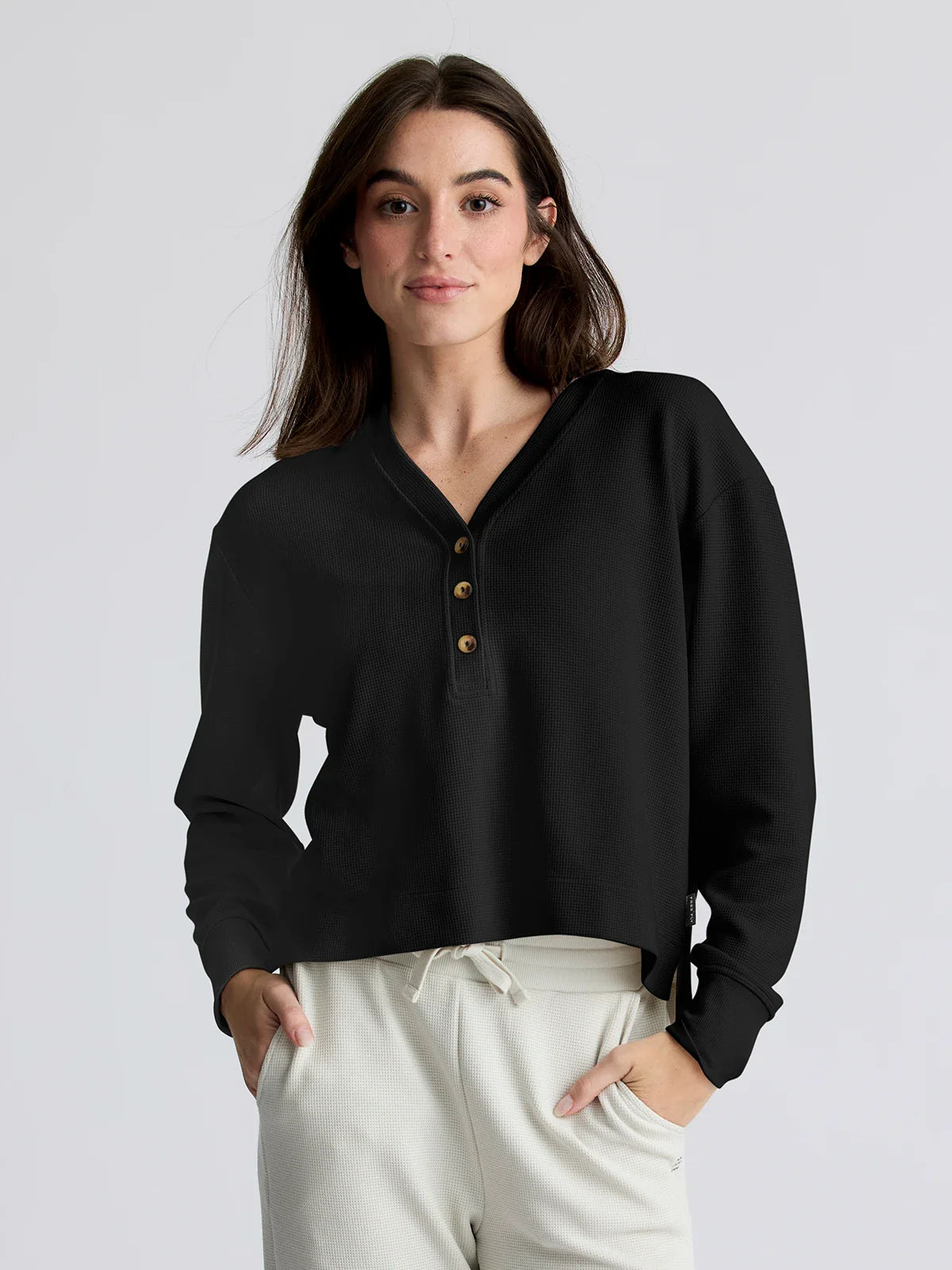 Free Fly Women's Waffle Long Sleeve Henley | Black Sand